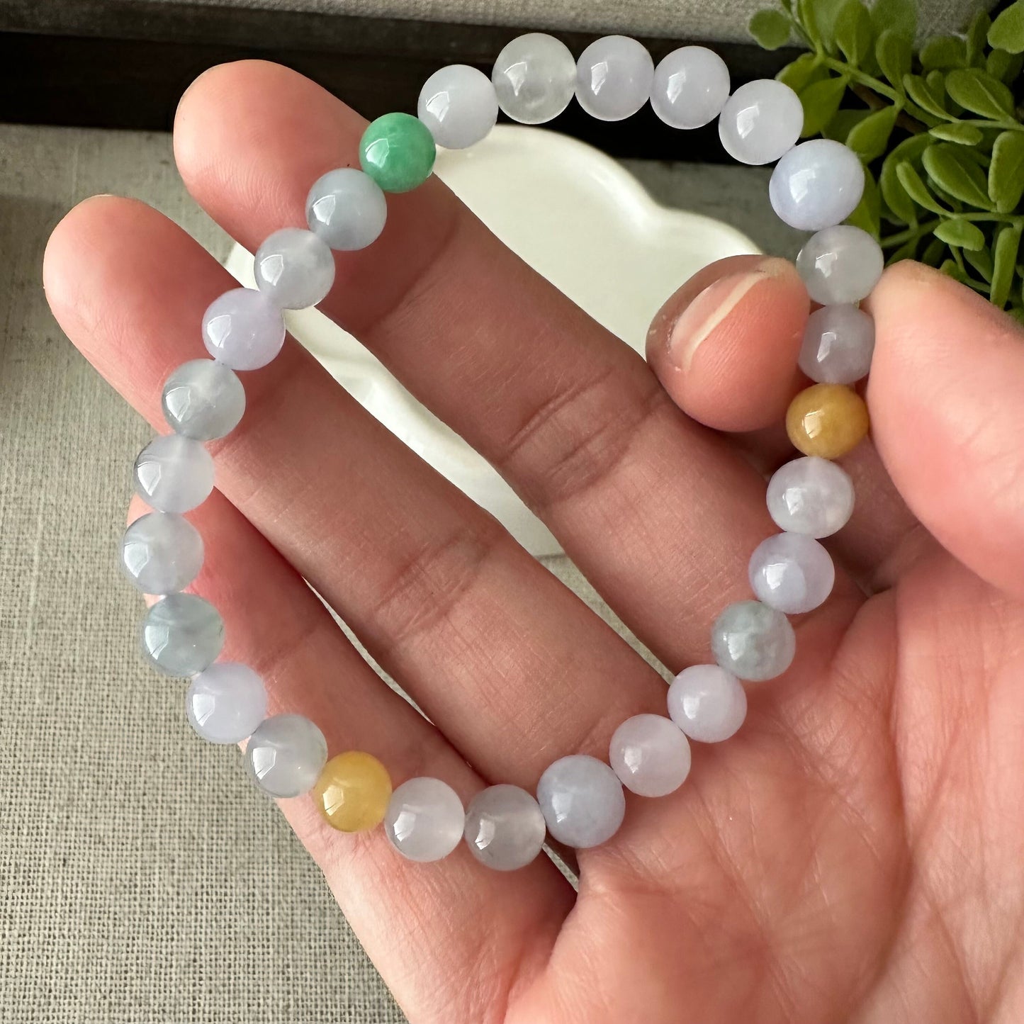 6mm Light Lavender Green Yellow Blue Float Flowers Jadeite Jade Bead Bracelet