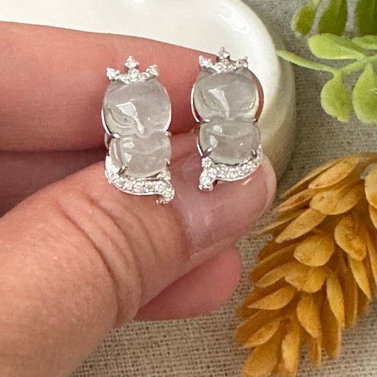 18K White Gold Kitsune Fox Icy Glossy Earring Diamonds