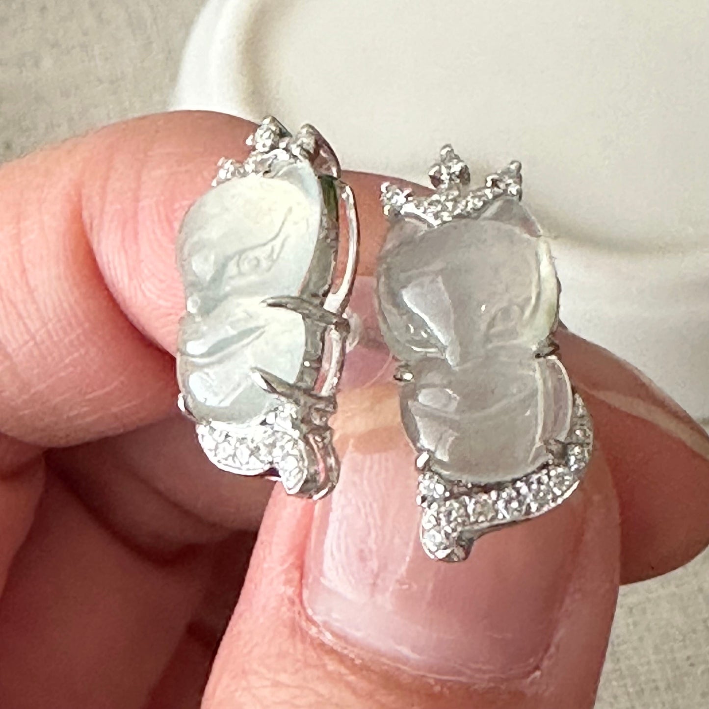 18K White Gold Kitsune Fox Icy Glossy Earring Diamonds