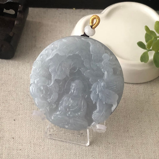 56 mm Icy Lavender Blue Jade Guanyin Phoenix Flower Pendant