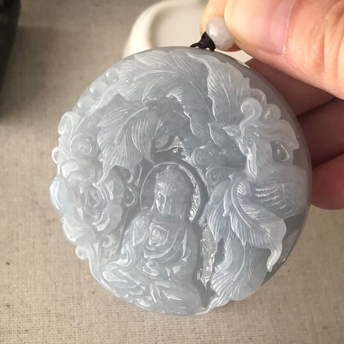 56 mm Icy Lavender Blue Jade Guanyin Phoenix Flower Pendant