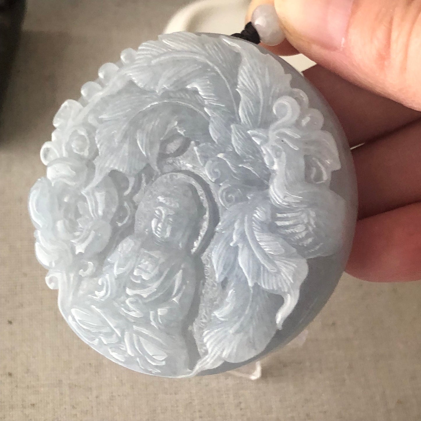 56 mm Icy Lavender Blue Jade Guanyin Phoenix Flower Pendant