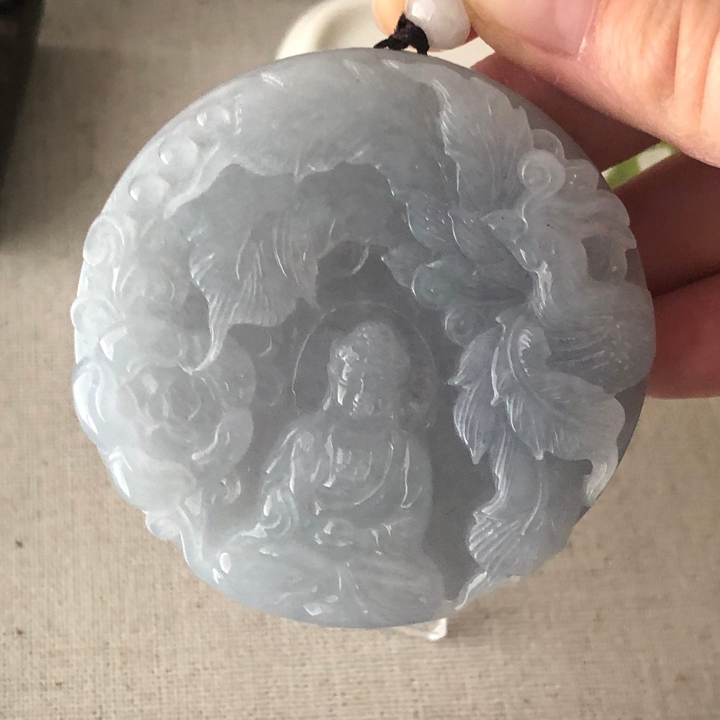 56 mm Icy Lavender Blue Jade Guanyin Phoenix Flower Pendant