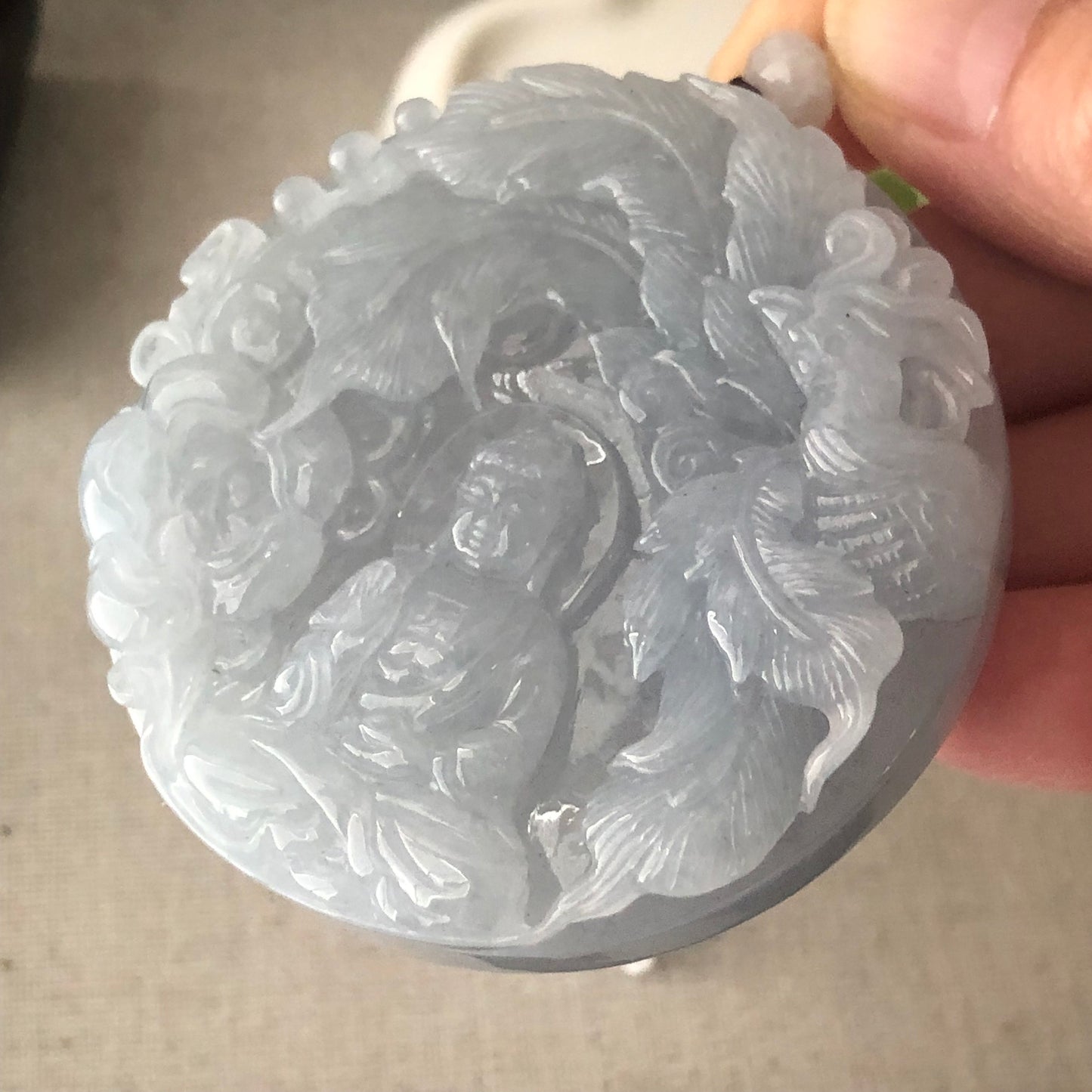 56 mm Icy Lavender Blue Jade Guanyin Phoenix Flower Pendant