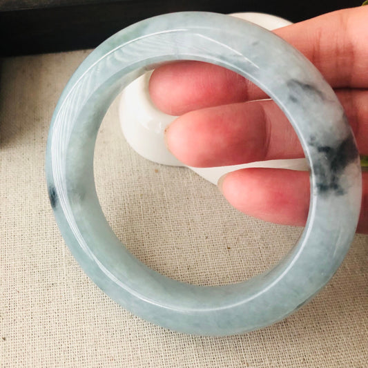 57.6mm Jadeite Jade Icy Blue Green Float Flowers D-shaped Bangle