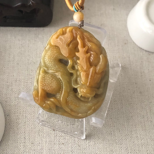 48mm Yellow Brown Jadeite Jade Carved Dragon Pendant