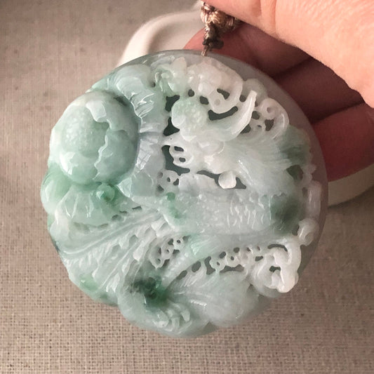 55mm Green Float Flowers Jadeite Jade Carved Phoenix Pendant