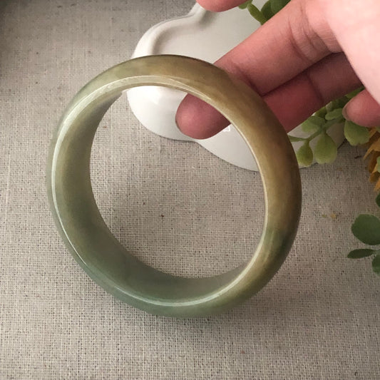 59mm Earthy Yellow Green Jadeite Jade D-shaped Bangle