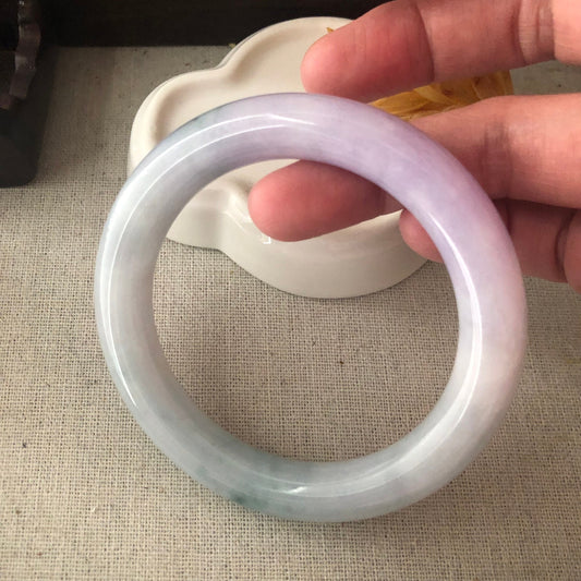 55.5-56.5mm Lavender Green Float Flowers Jadeite Jade D-shaped Bangle