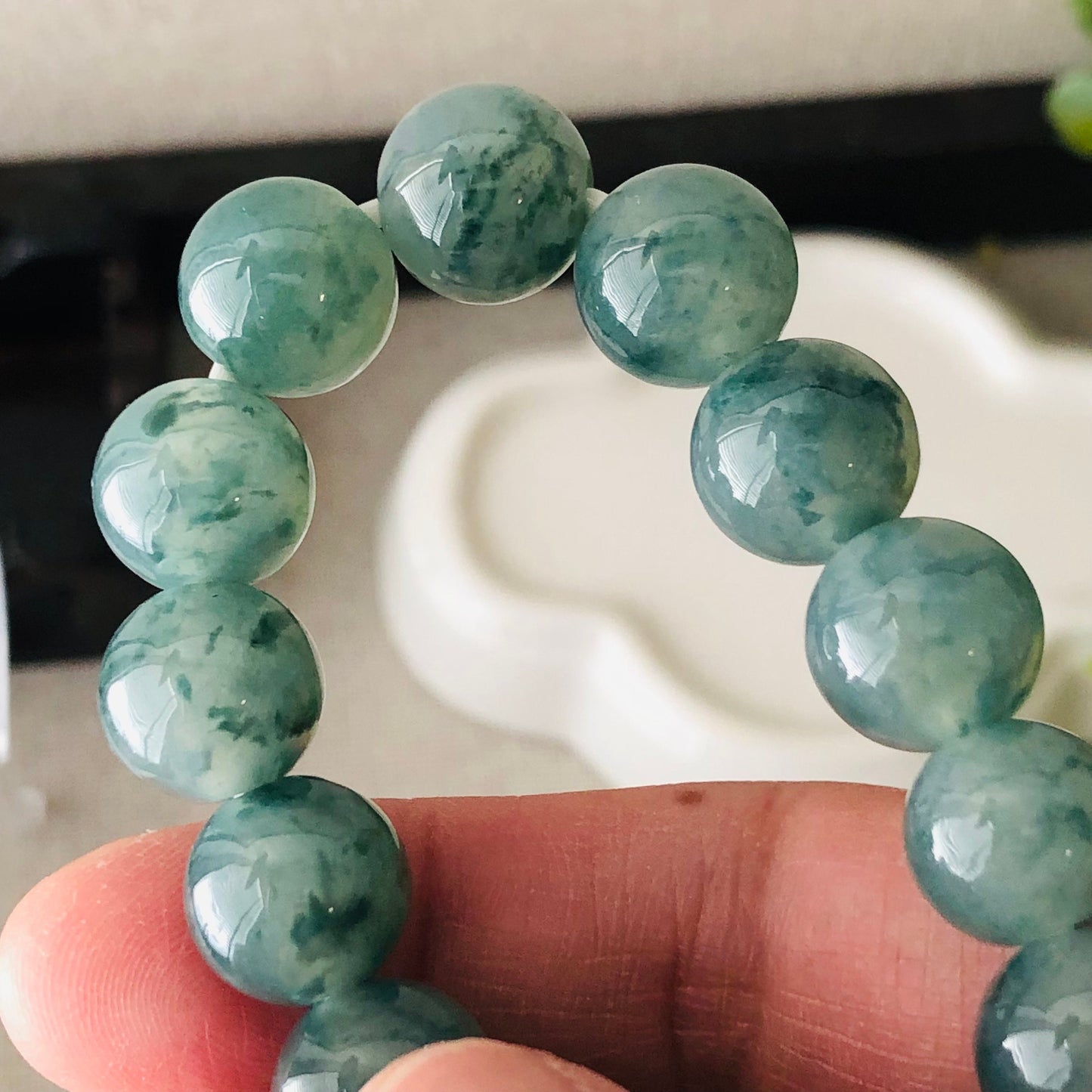 11.5 mm Blue green float flowers Jadeite Jade Bead Bracelet