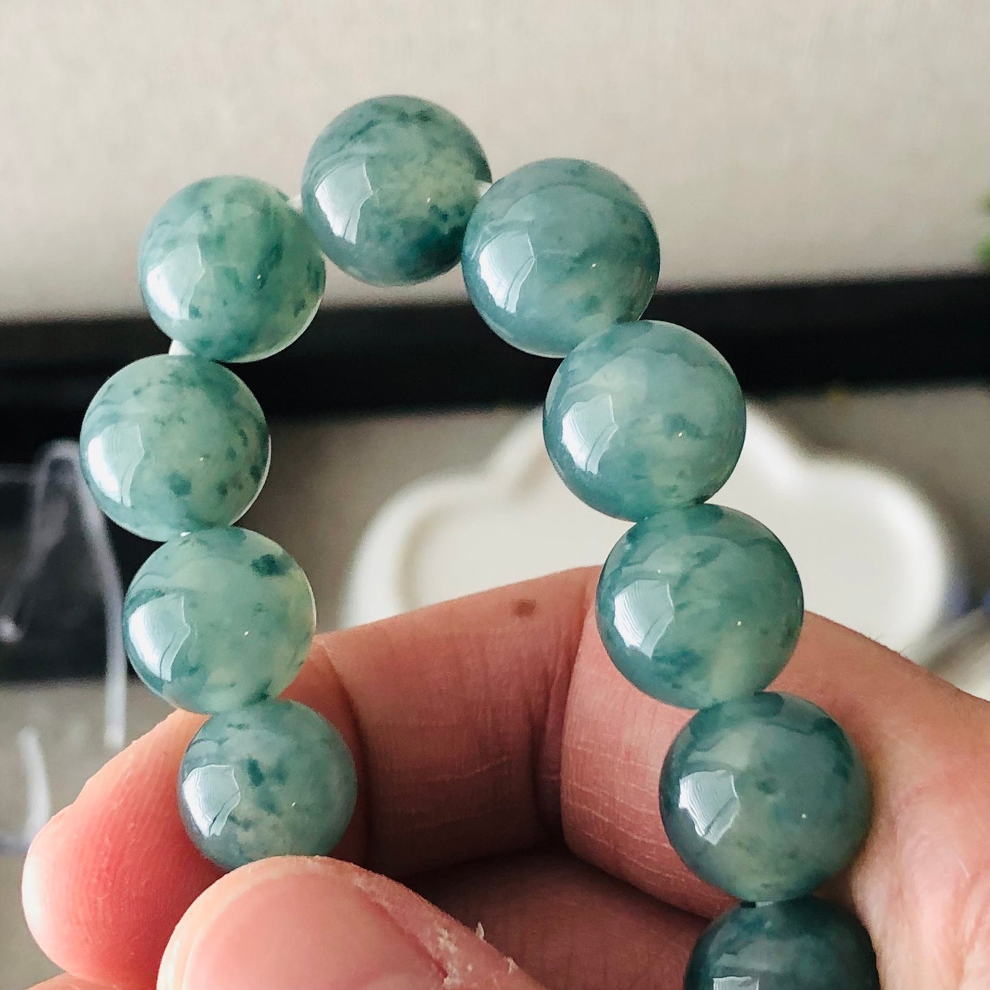 11.5 mm Blue green float flowers Jadeite Jade Bead Bracelet