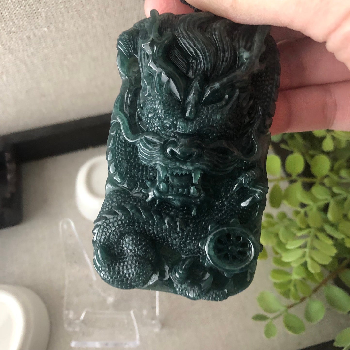81.5mm Jadeite Jade Glossy Green Carved Dragon Pendant