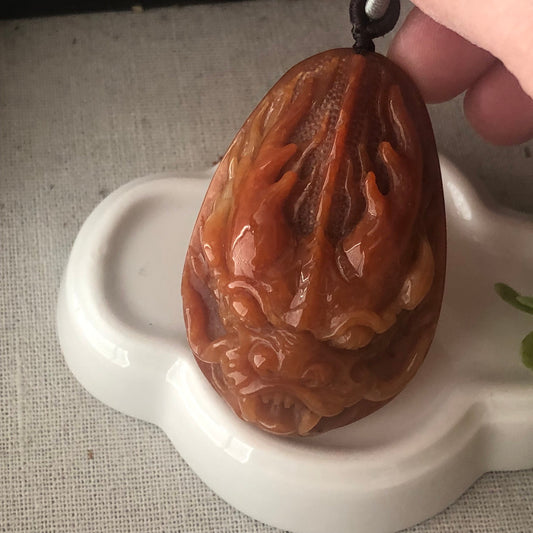 58.3mm Jadeite Jade Glossy Red Brown Carved Dragon Head Pendant Rare