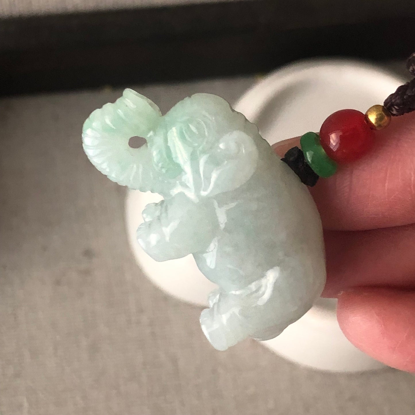 37mm Jadeite Jade Green Carved Elephant  Pendant Neck Rope Tie