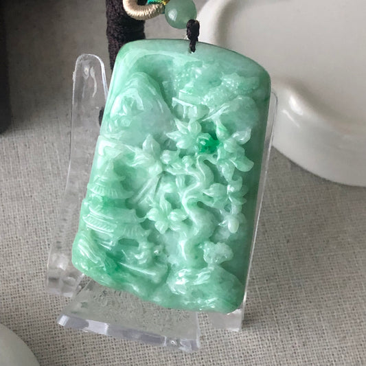 54.7 mm Green Jadeite Jade Carved Mountain Trees Scenery Pendant
