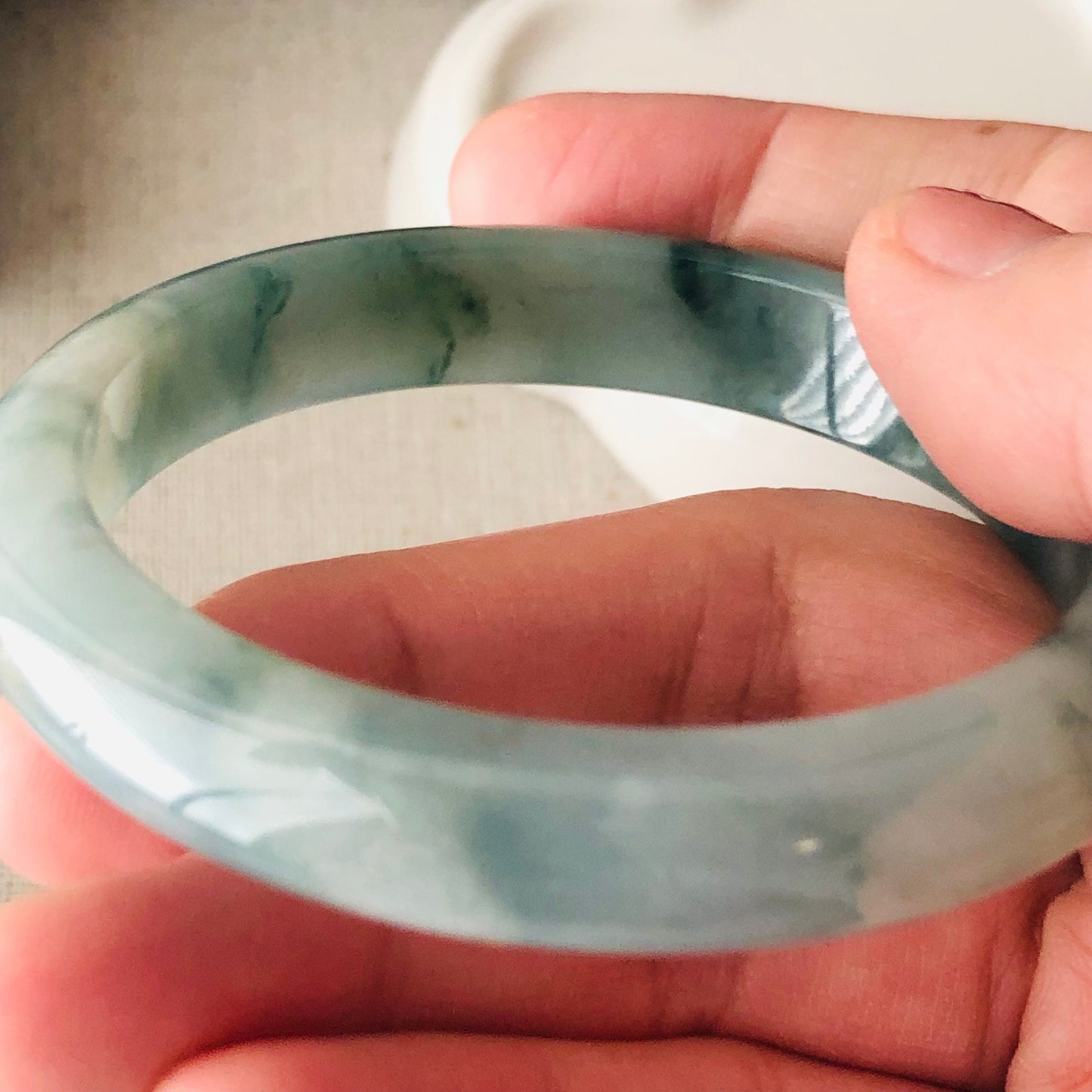 55 mm Green Float Flowers Jadeite Jade D shaped Bangle