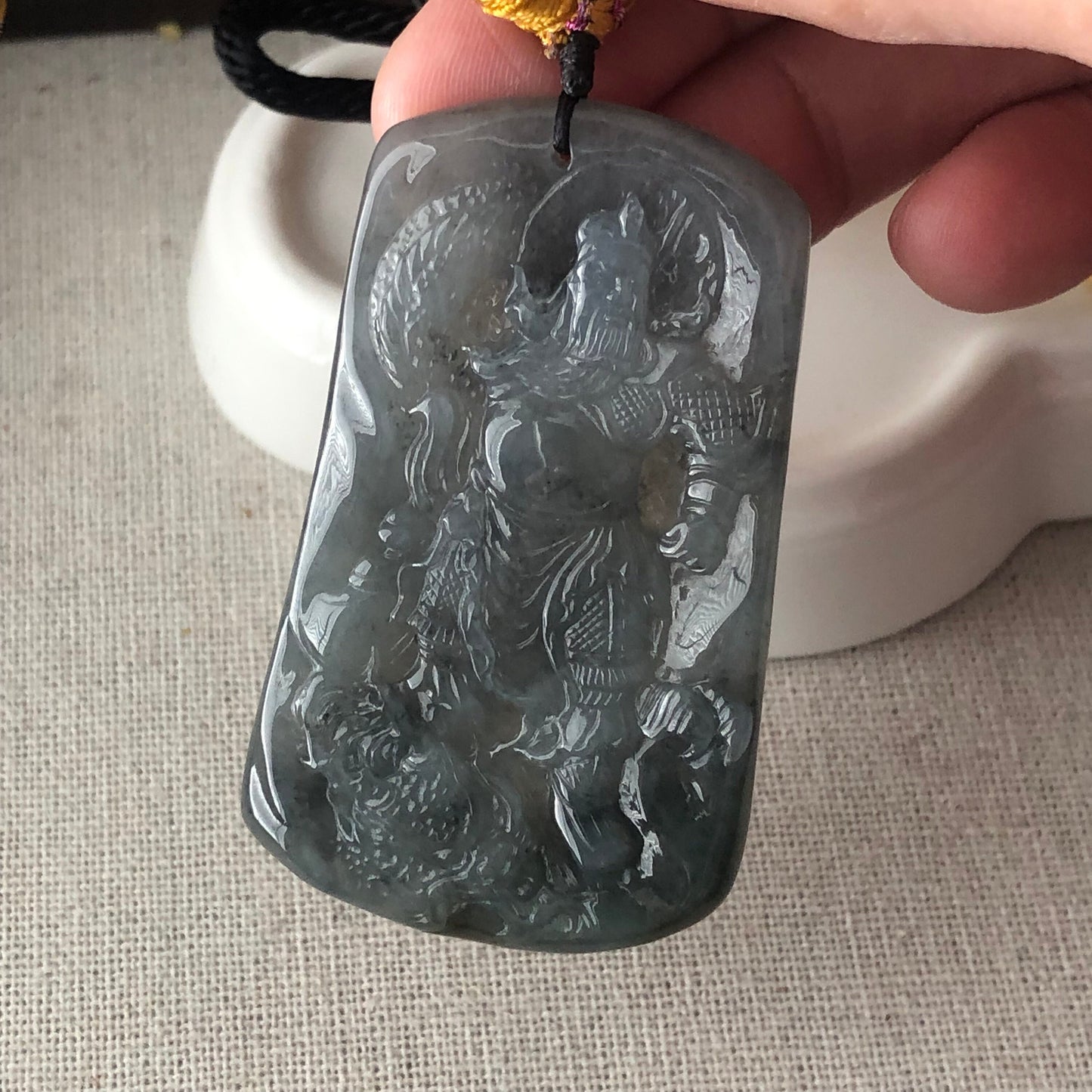 55mm Wuji Jadeite Jade Carved Chief God 關二爺 Pendant