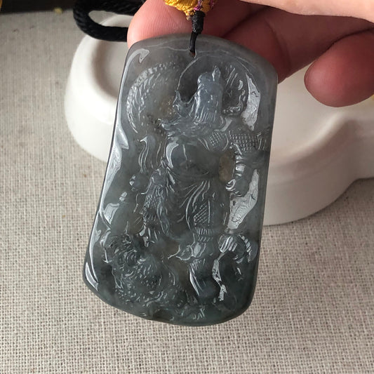 55mm Wuji Jadeite Jade Carved Chief God 關二爺 Pendant