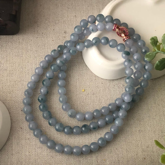 6.3mm Lavender Blue Green Float Flowers Jadeite Jade Bead Bracelet Necklace RARE