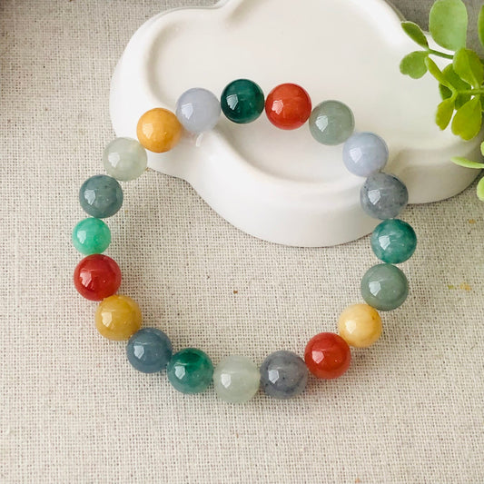 10mm Asst Colors Jade Jadeite Glossy Round Bead Bracelet