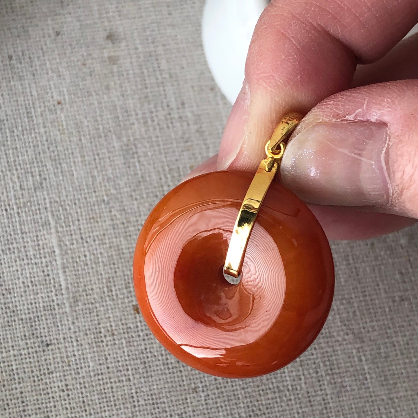 18K 27mm Jadeite Jade Red Brown Donut Pendant