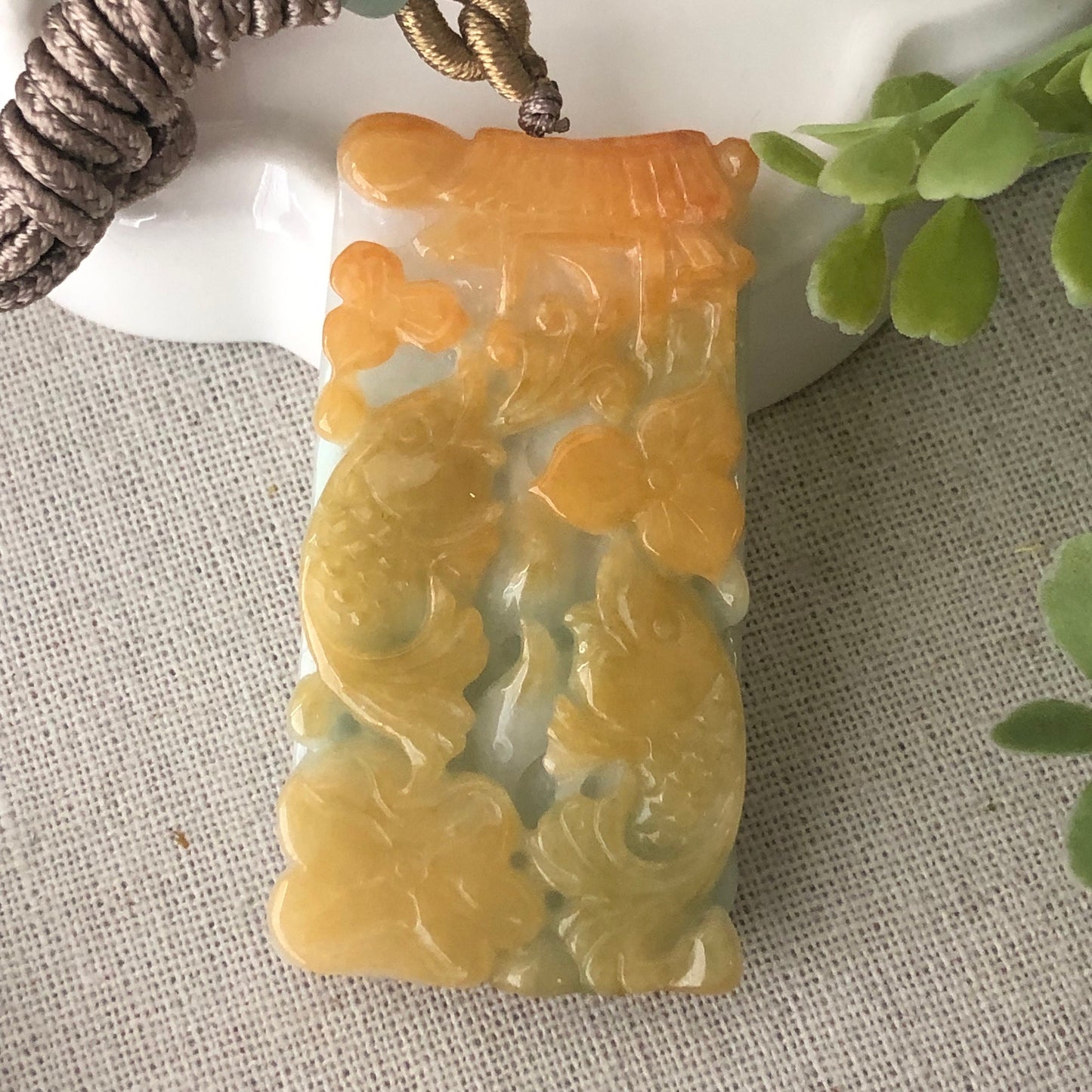 56mm Yellow Brown Carved Double Fish Jade Jadeite Pendant