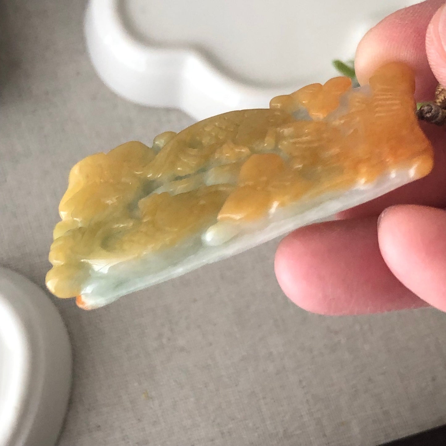 56mm Yellow Brown Carved Double Fish Jade Jadeite Pendant