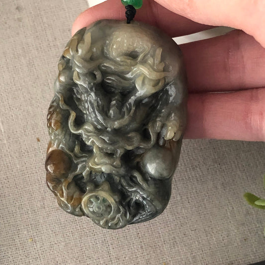 60mm Jadeite Jade Yellow Wuji Carved Dragon Pendant