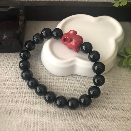 10mm High Glossy Omphacite Black Jadeite Jade with Red Cinnabar Rabbit  Charm Bead Bracelet