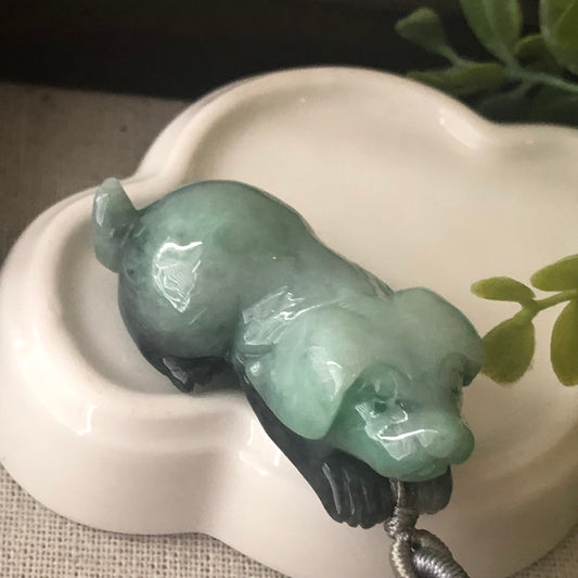 45.8 Jadeite Jade Carved Wuji Green Dog Animal Display Pendant