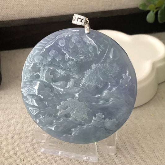58mm Jadeite Jade Icy Lavender Blue Carved Landscape Trees Pendant