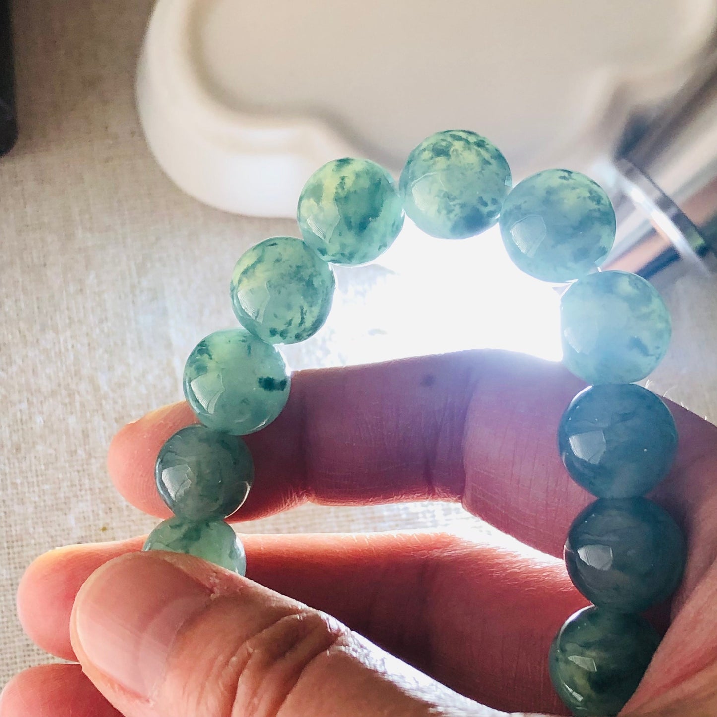11.5 mm Blue green float flowers Jadeite Jade Bead Bracelet