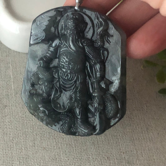 52.8mm Icy Wuji Jadeite Jade Carved Chief God 關二爺 Pendant