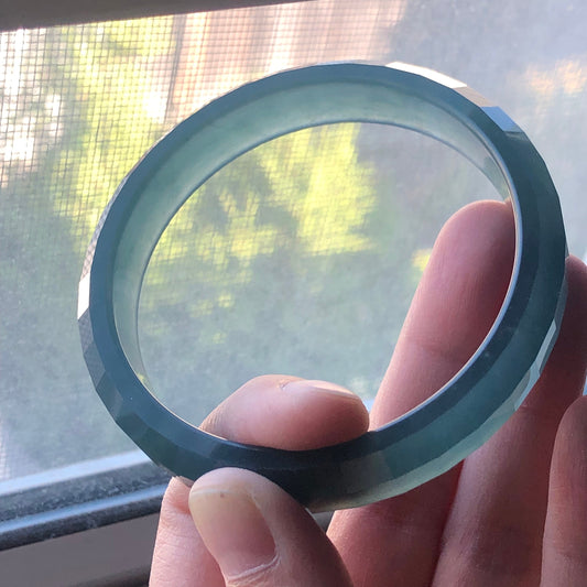 60mm Icy Blue Green Guatemalan Jade Facet Carved D-shaped Bangle