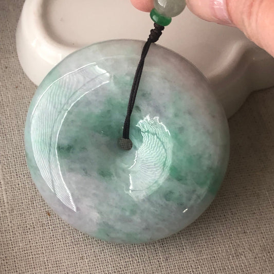56mm Big Jadeite Jade Green White clouds Gradient Donut Pendant