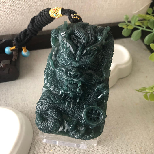 81.5mm Jadeite Jade Glossy Green Carved Dragon Pendant