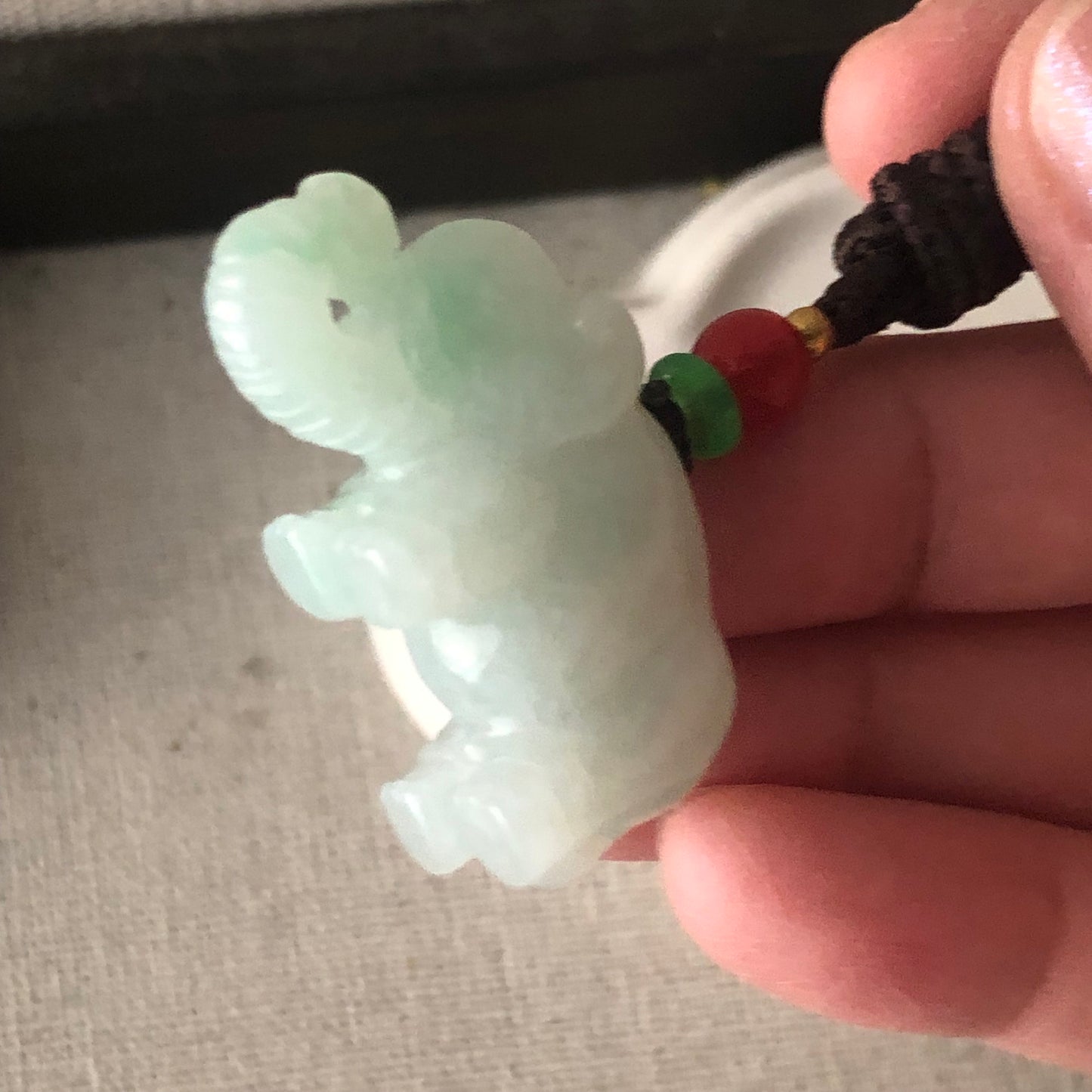 37mm Jadeite Jade Green Carved Elephant  Pendant Neck Rope Tie