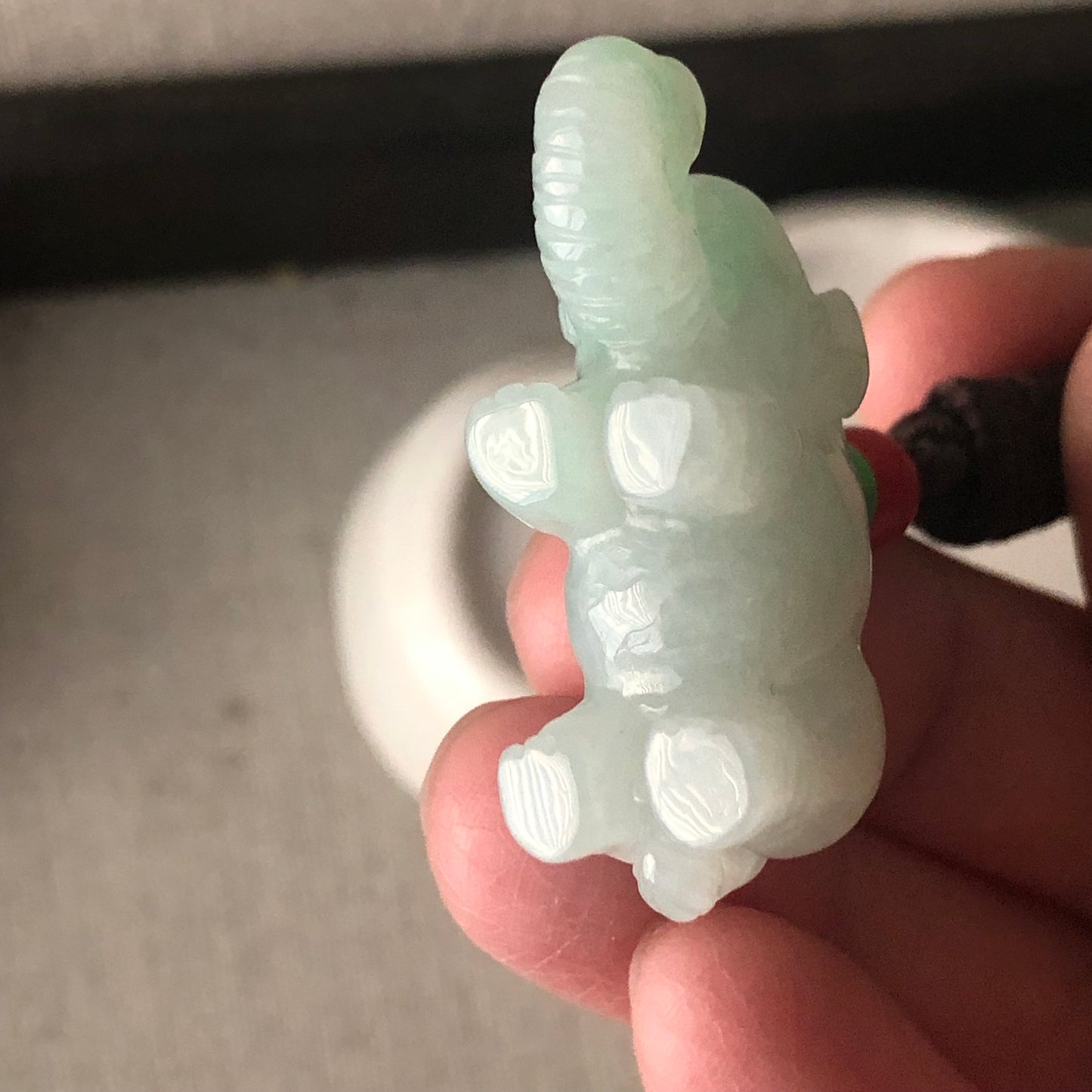 37mm Jadeite Jade Green Carved Elephant  Pendant Neck Rope Tie