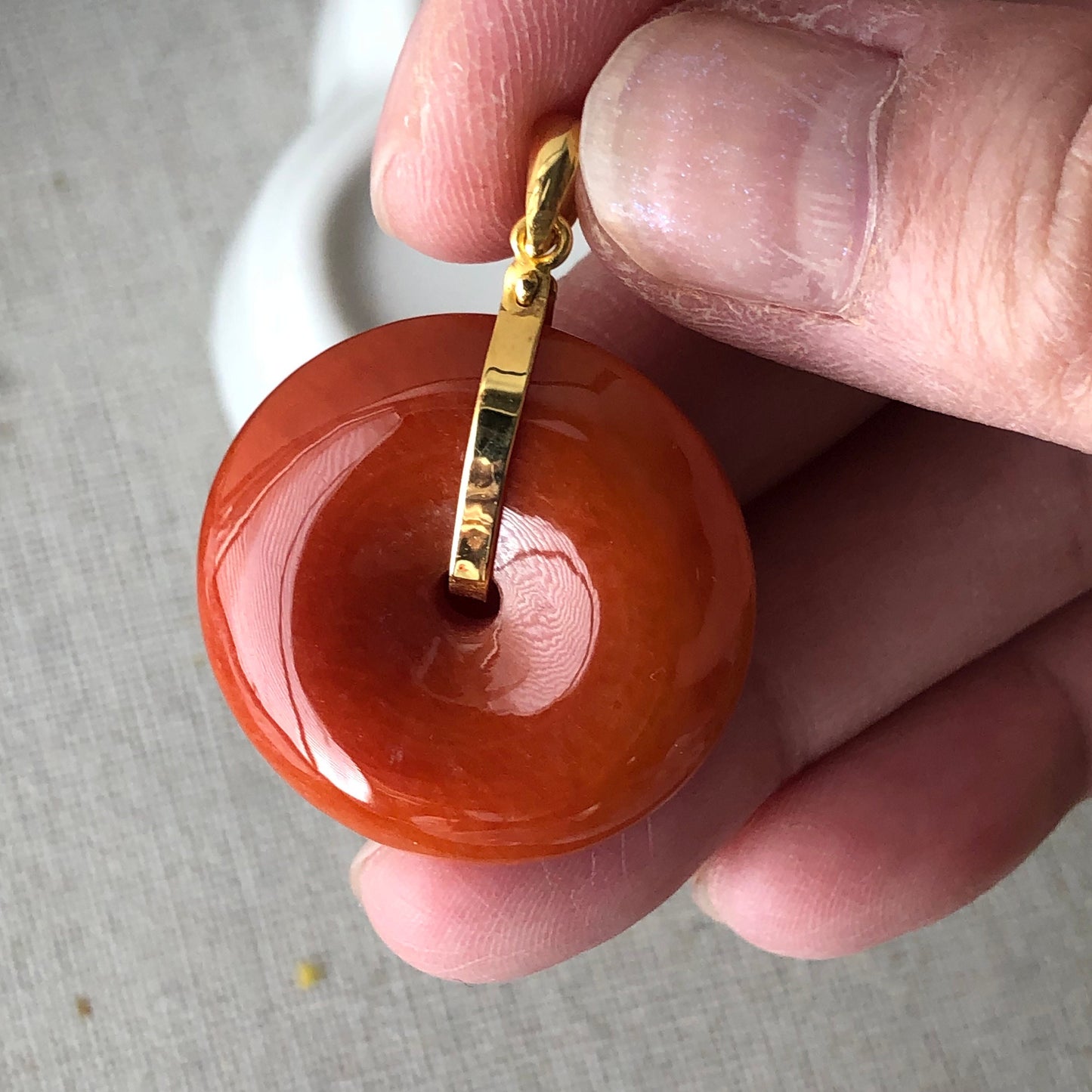 18K 27mm Jadeite Jade Red Brown Donut Pendant