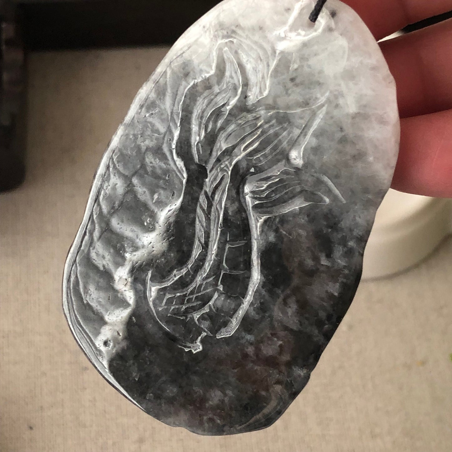 70mm Jadeite Jade Wuji Grey Carved Dragon Pendant