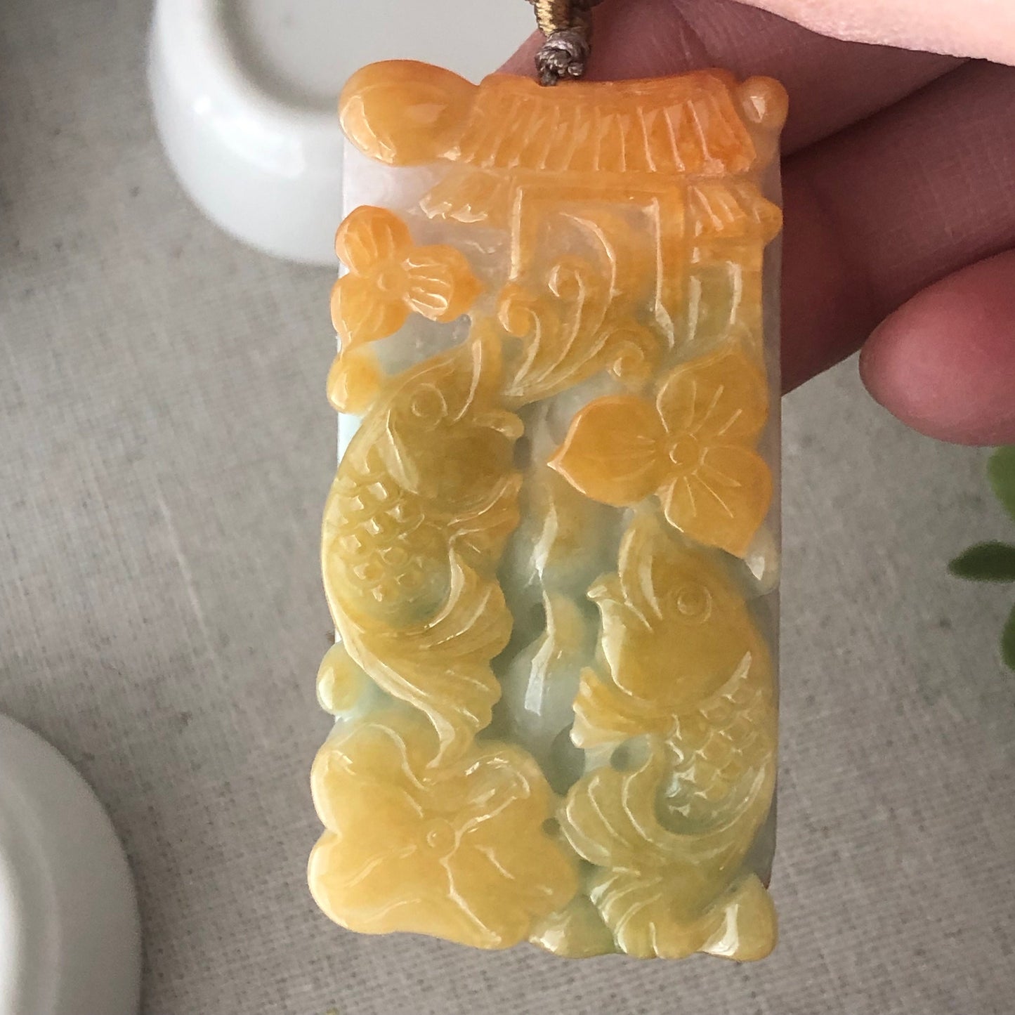 56mm Yellow Brown Carved Double Fish Jade Jadeite Pendant