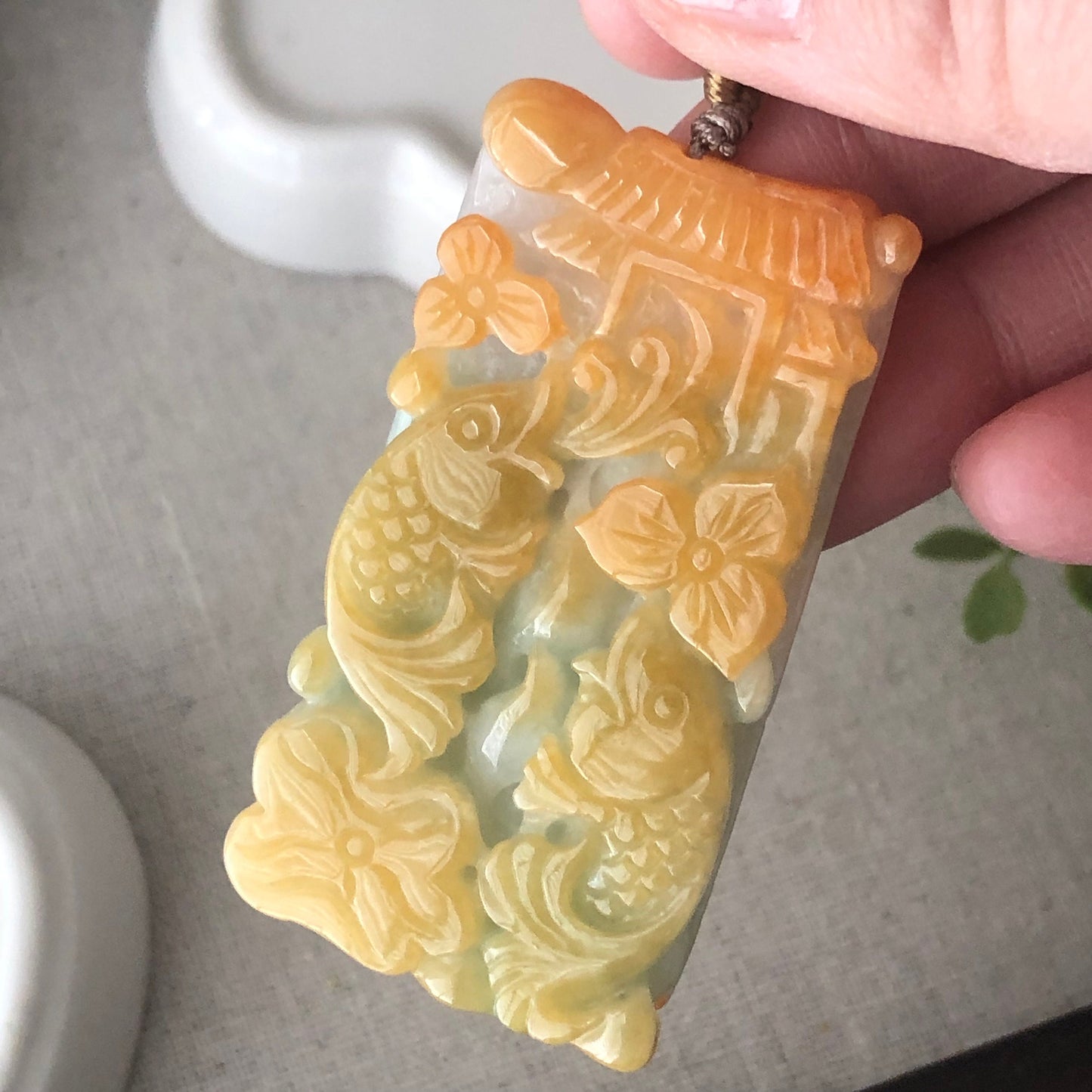 56mm Yellow Brown Carved Double Fish Jade Jadeite Pendant