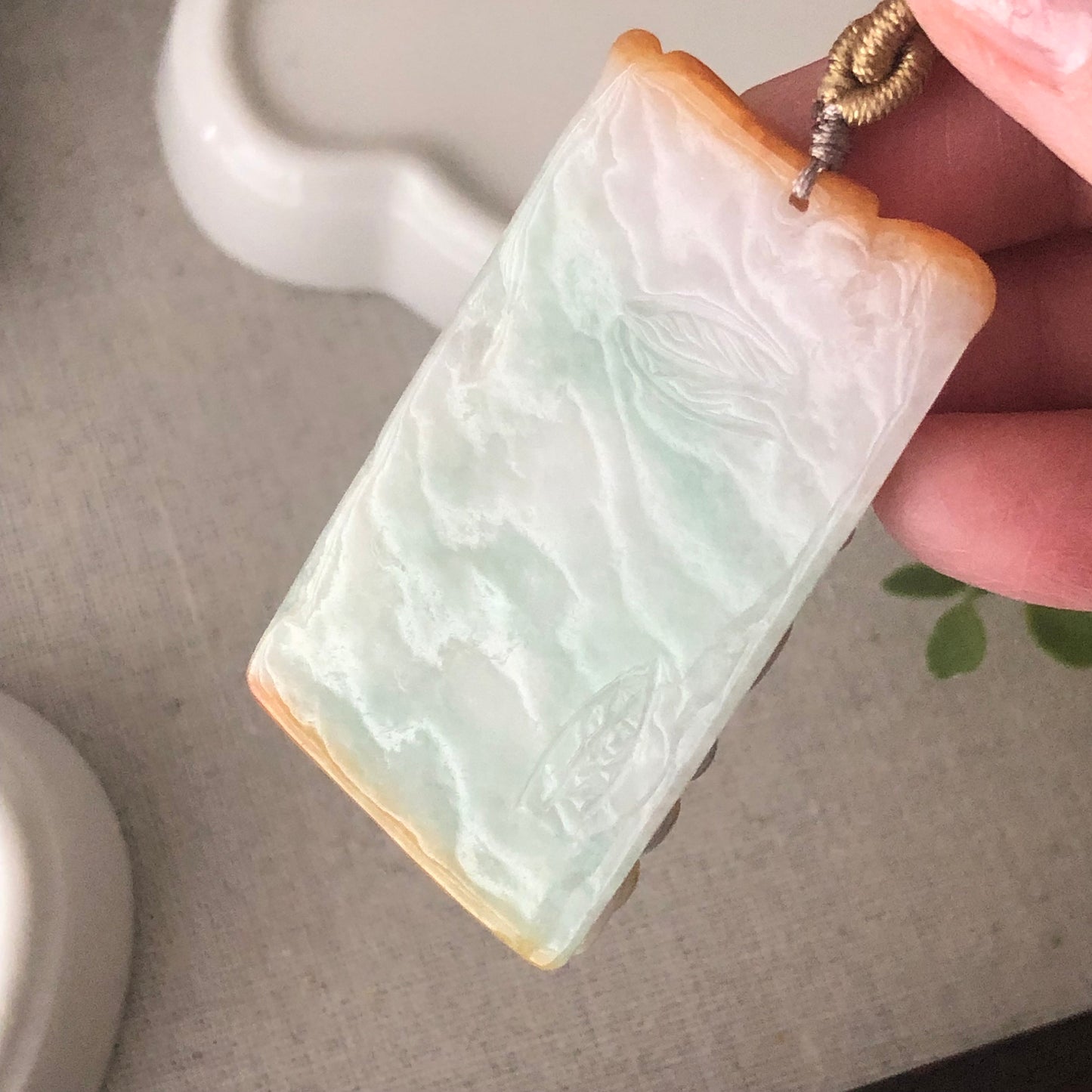 56mm Yellow Brown Carved Double Fish Jade Jadeite Pendant