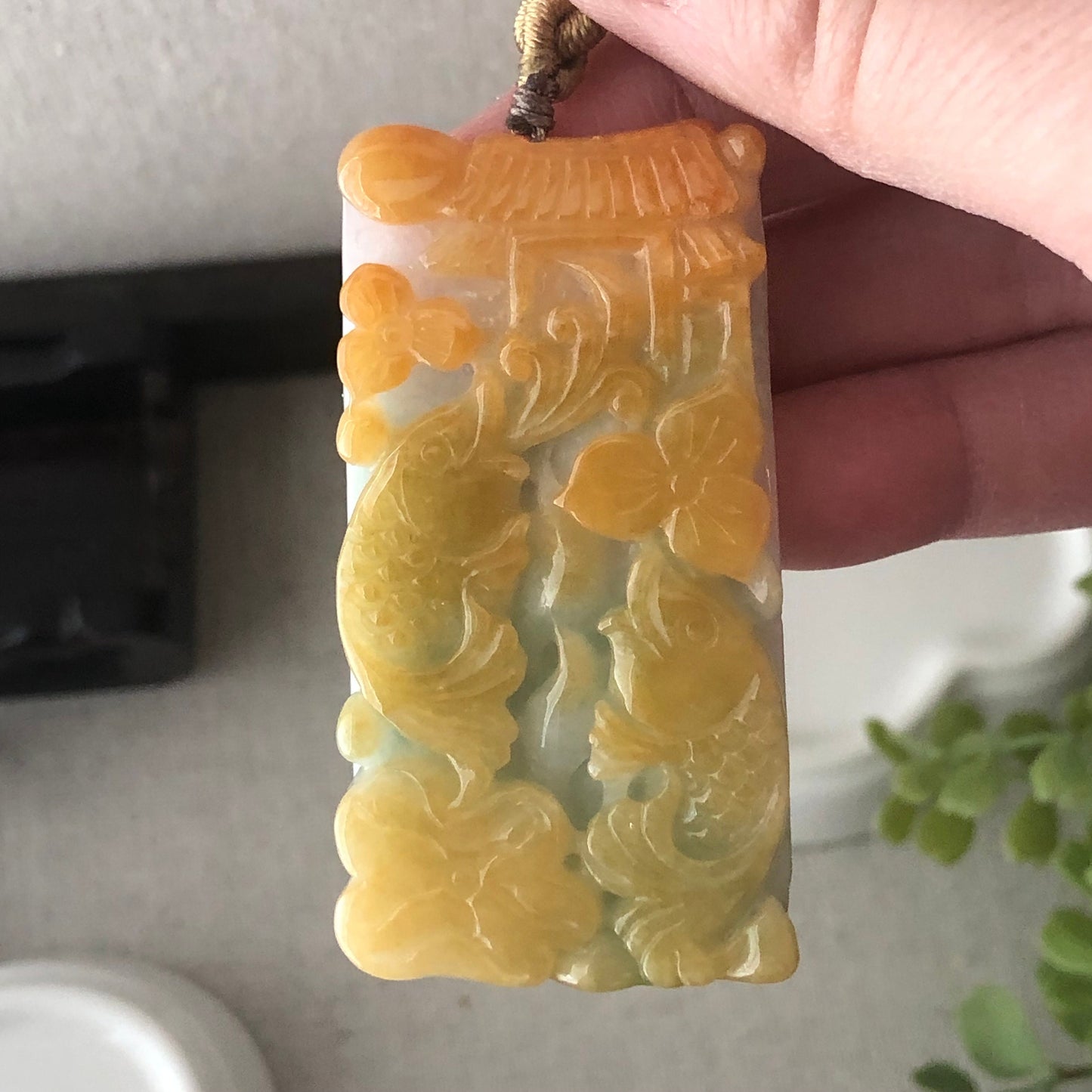 56mm Yellow Brown Carved Double Fish Jade Jadeite Pendant