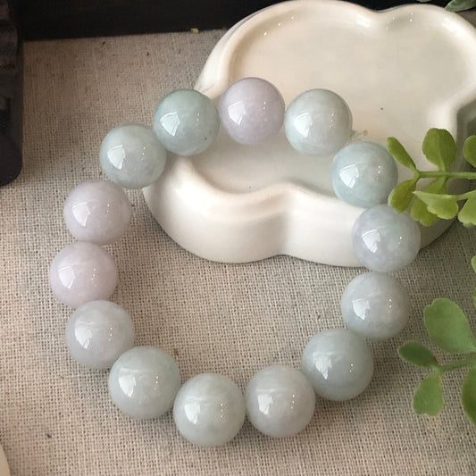 14.5 mm Icy Glossy Green and Lavender Jade Jadeite Bead Bracelet