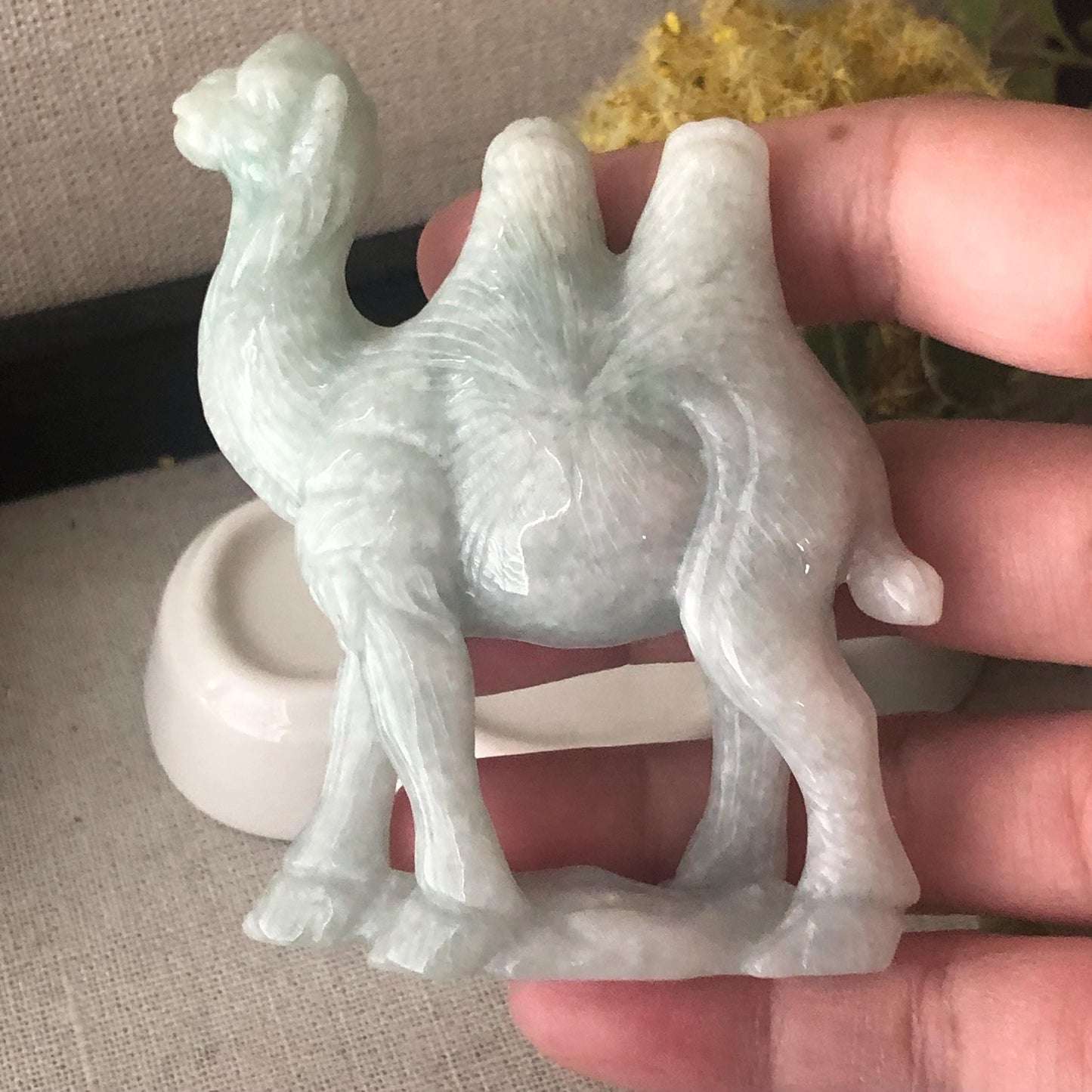 75mm Light Green Jadeite Jade Carved Camel Statue Display