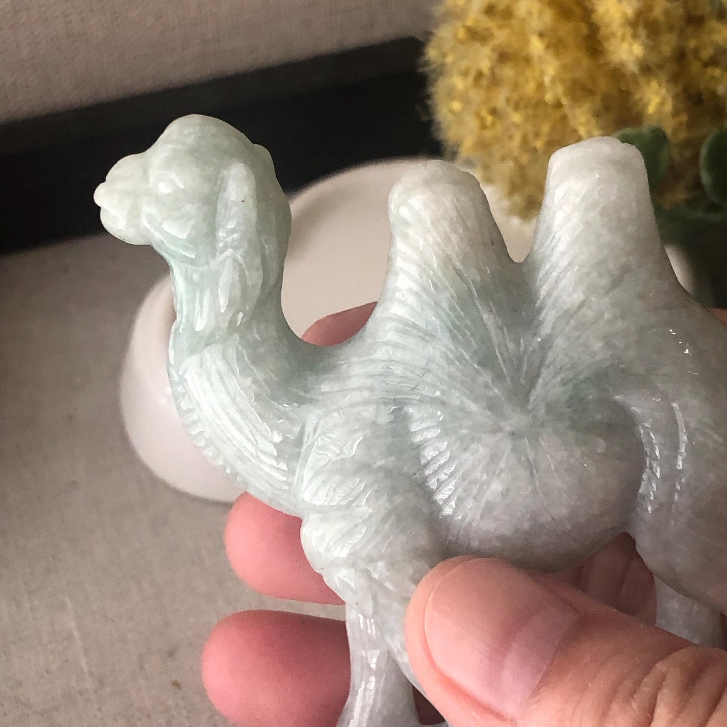75mm Light Green Jadeite Jade Carved Camel Statue Display