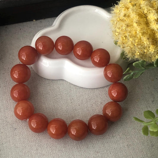 14mm RARE Red Brown Icy Glossy Jadeite Jade Bead Bracelet