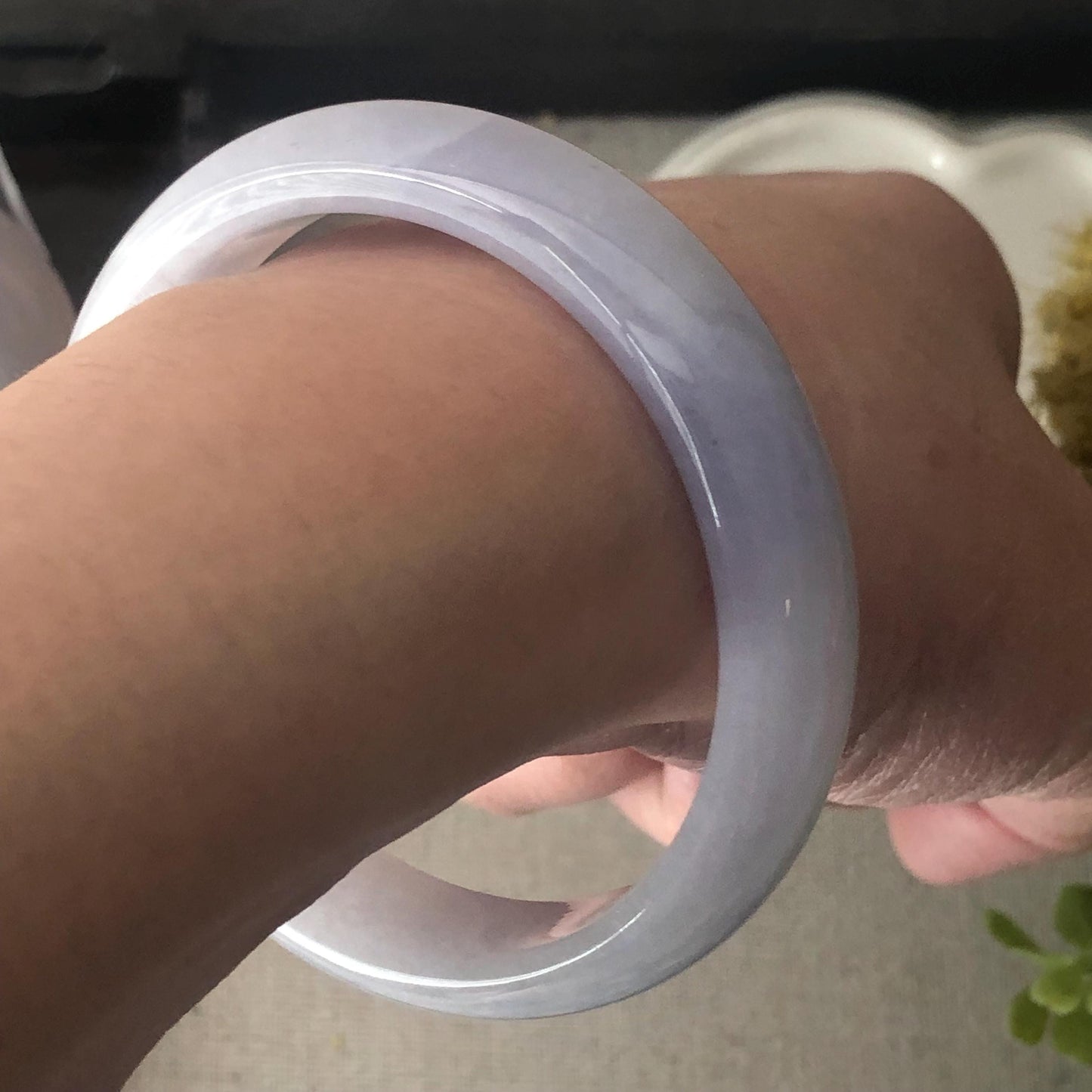 55.5 mm Icy Light Lavender Wuji Float Flowers Jadeite Jade D-Shaped Bangle
