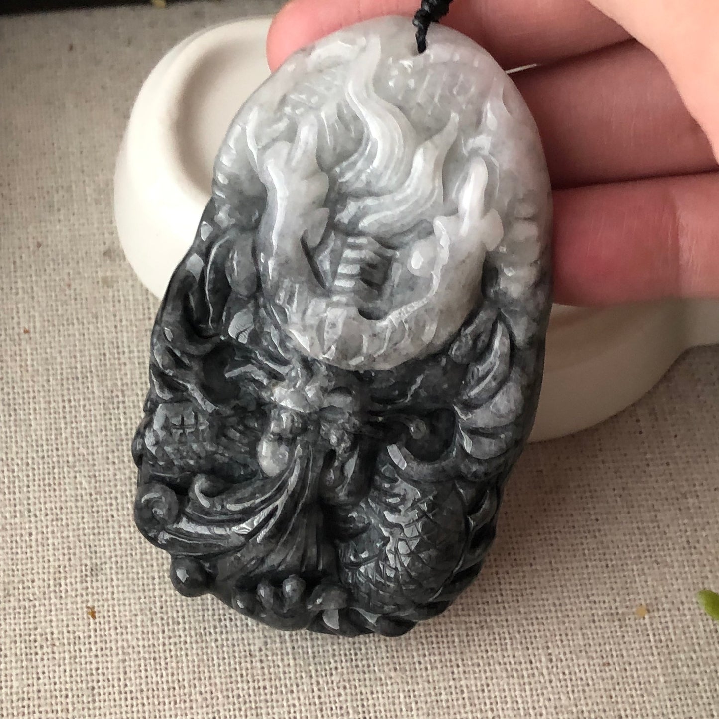 70mm Jadeite Jade Wuji Grey Carved Dragon Pendant